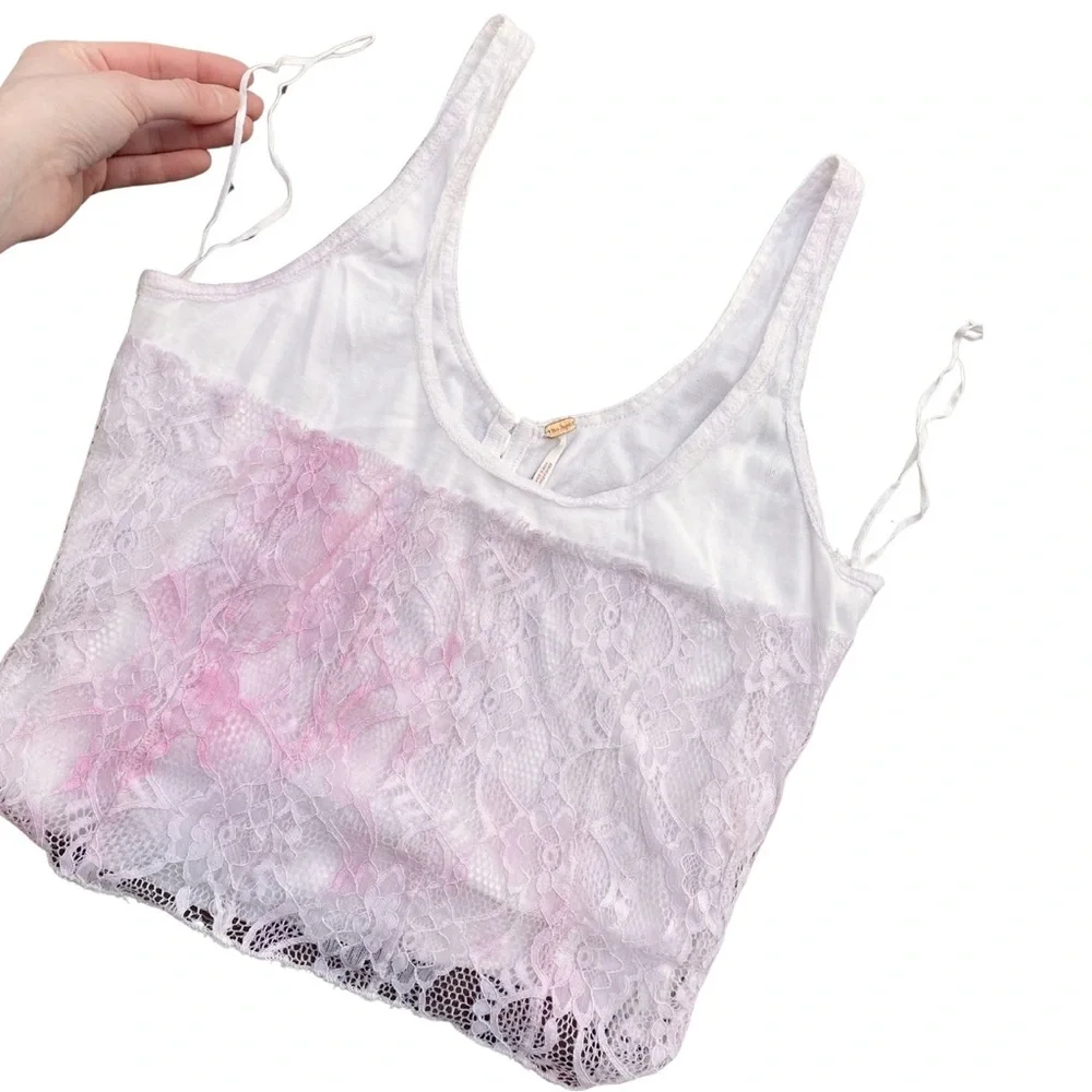 Free People Small Petite Button Up Pink White Floral Lace Crop Top Shirt Boho - Picture 6 of 9